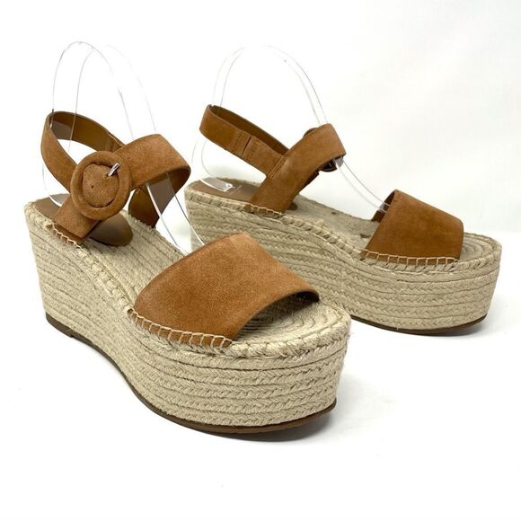 Marc Fisher LTD Rex Suede Platform Wedge Espadrille Sandals Tan Peep Toe 10 NIB - Picture 1 of 11